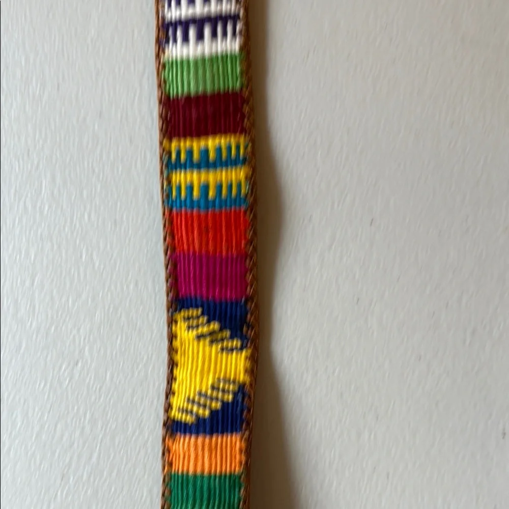 Colorful Woven Strap Belt with Brown Leather Trim handmade Guatemala 37 inches